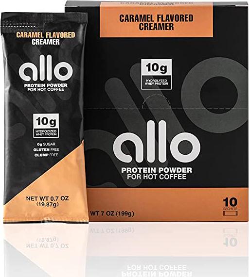 Allo Caramel Protein Powder Coffee Creamer | Gluten-Free, Clump-Free, Sugar-Free | 10 Grams of Hydrolyzed Whey Protein Powder | Dissolves in Hot Lattes, Matcha, Tea, Hot Chocolate | 10 Per Box