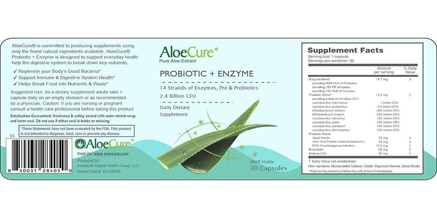 AloeCure Probiotic + Enzyme Capsules with Prebiotics, 2.4 Billion CFU +, Fortify Your Digestive System 24/7, 30 Capsules, 1 Bottle Supply