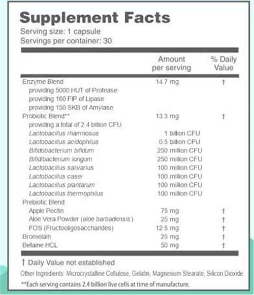 AloeCure Probiotic + Enzyme Capsules with Prebiotics, 2.4 Billion CFU +, Fortify Your Digestive System 24/7, 30 Capsules, 1 Bottle Supply