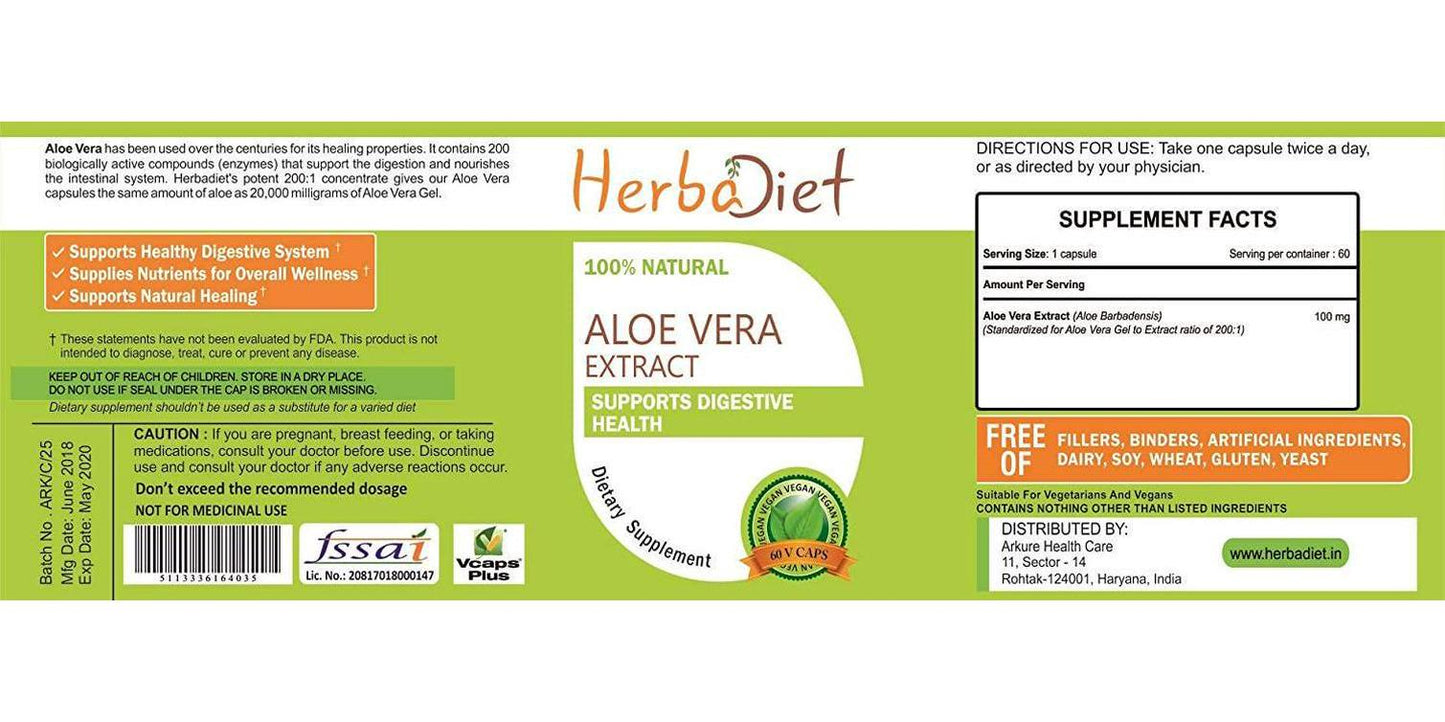 Aloe Vera 200:1 Extract Capsules | Natural Herbal Digestive Health, Detox, Digestion Support, Anti-Inflammatory Supplement | Non-GMO, Gluten Free (60 Capsules)