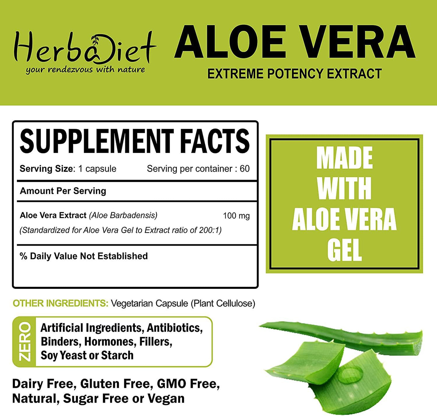 Aloe Vera 200:1 Extract Capsules | Natural Herbal Digestive Health, Detox, Digestion Support, Anti-Inflammatory Supplement | Non-GMO, Gluten Free (60 Capsules)