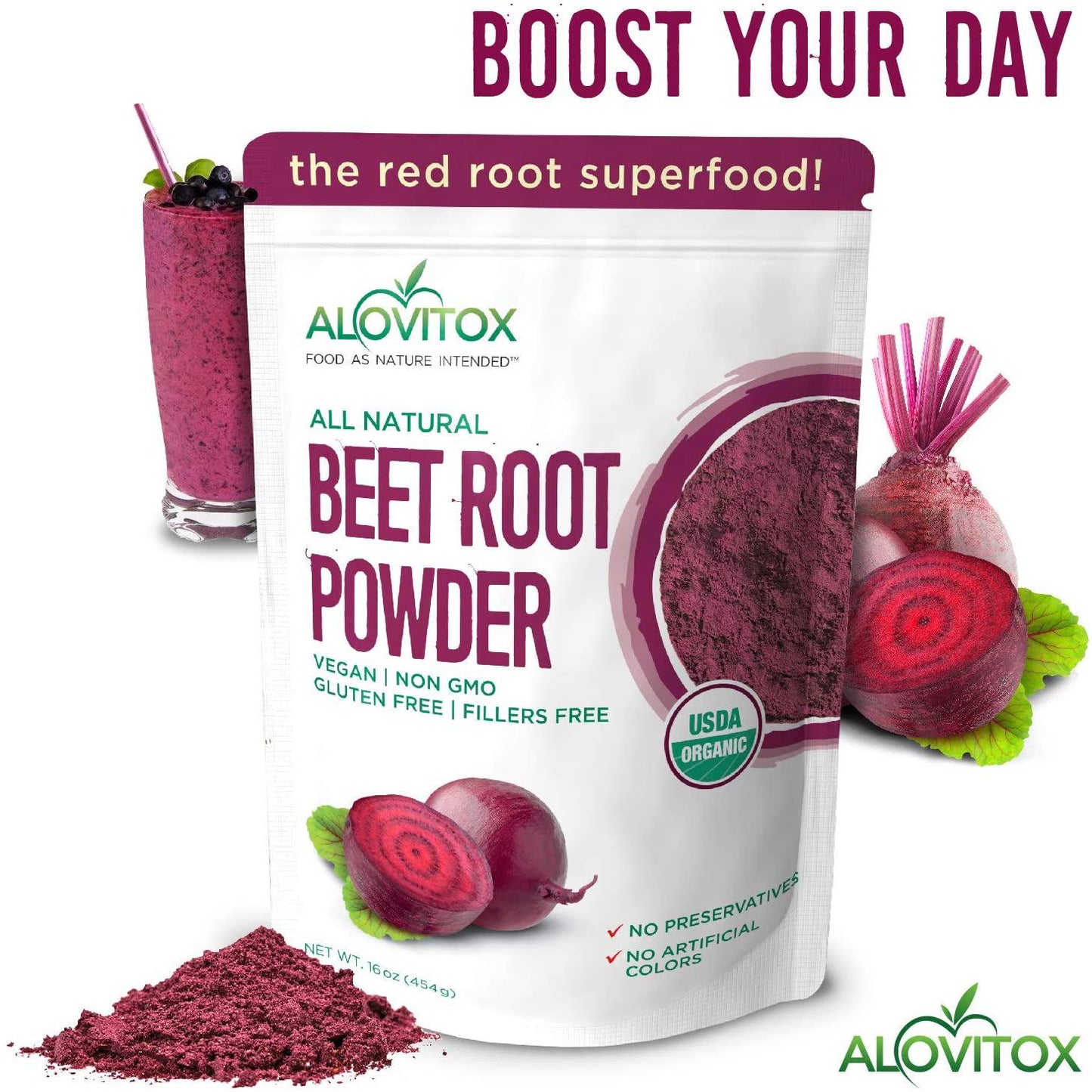 Alovitox Organic Beet Root Powder 16 oz Raw Vegan and Gluten Free (Beet Root Powder, 16 oz)