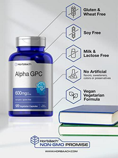 Alpha GPC 600mg | 120 Capsules | Vegetarian, Non-GMO and Gluten Free Choline Supplement | Supports Healthy Memory, Focus and Clarity | by Horbaach