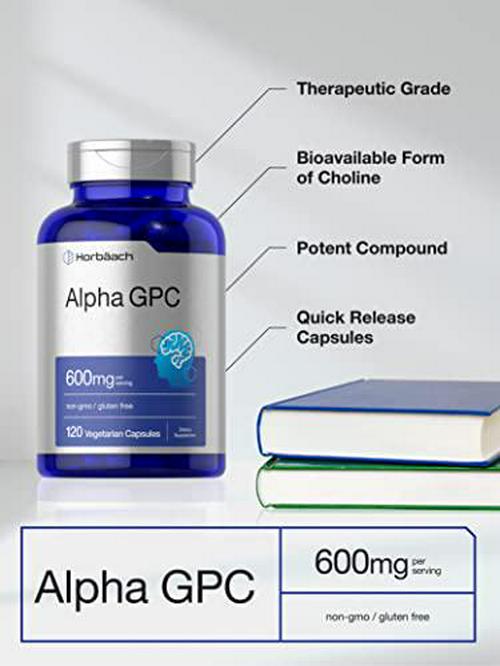 Alpha GPC 600mg | 120 Capsules | Vegetarian, Non-GMO and Gluten Free Choline Supplement | Supports Healthy Memory, Focus and Clarity | by Horbaach