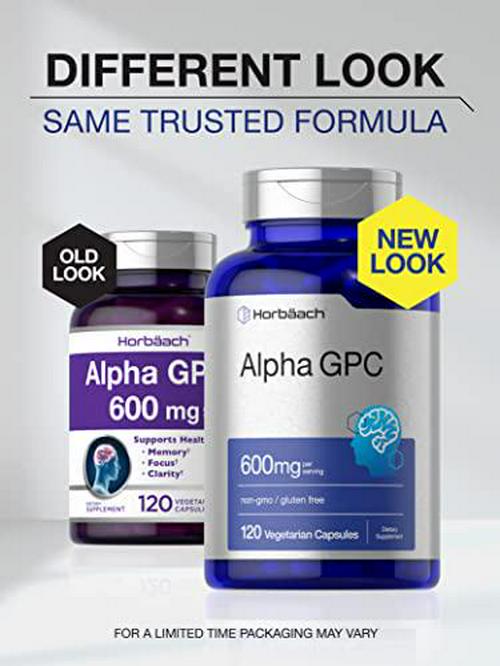 Alpha GPC 600mg | 120 Capsules | Vegetarian, Non-GMO and Gluten Free Choline Supplement | Supports Healthy Memory, Focus and Clarity | by Horbaach