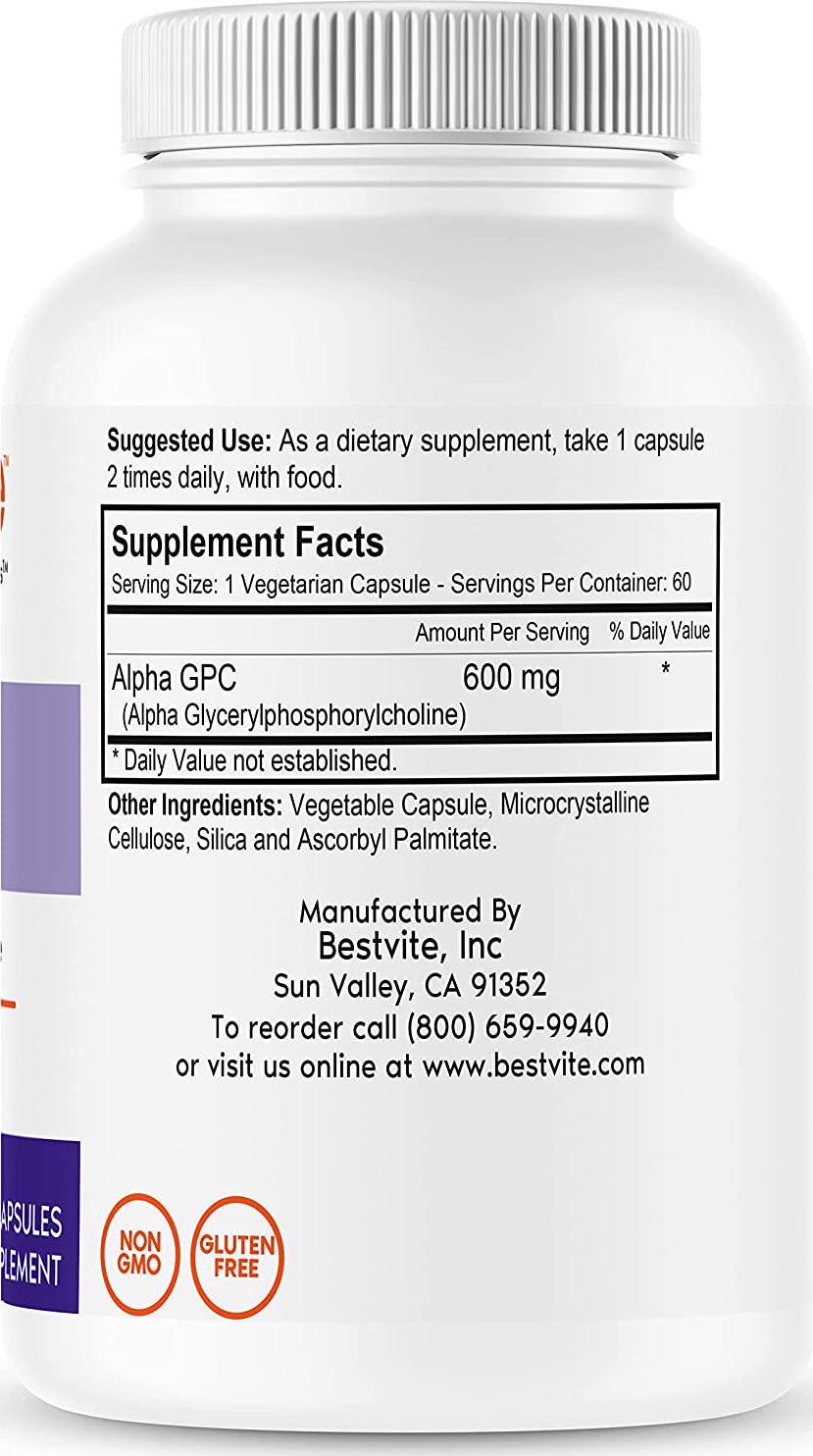 Alpha GPC 600mg per Capsule (60 Vegetarian Capsules) - No Stearates - Vegan - Non GMO - Gluten Free - Soy Free