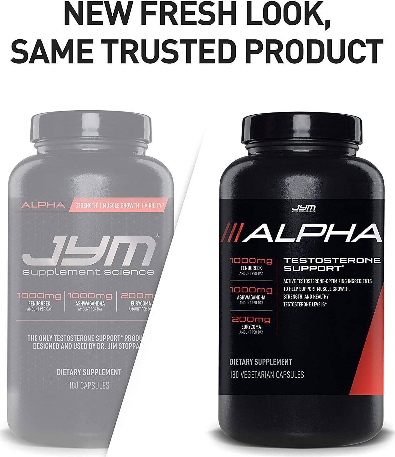 Alpha JYM Testosterone Support | Male Vitality, Hormone Optimization, Ashwagandha, Fenugreek, Eurycoma, Damiana, Quercetin, DIM | JYM Supplemental Science | 180 Vegetarian capsules
