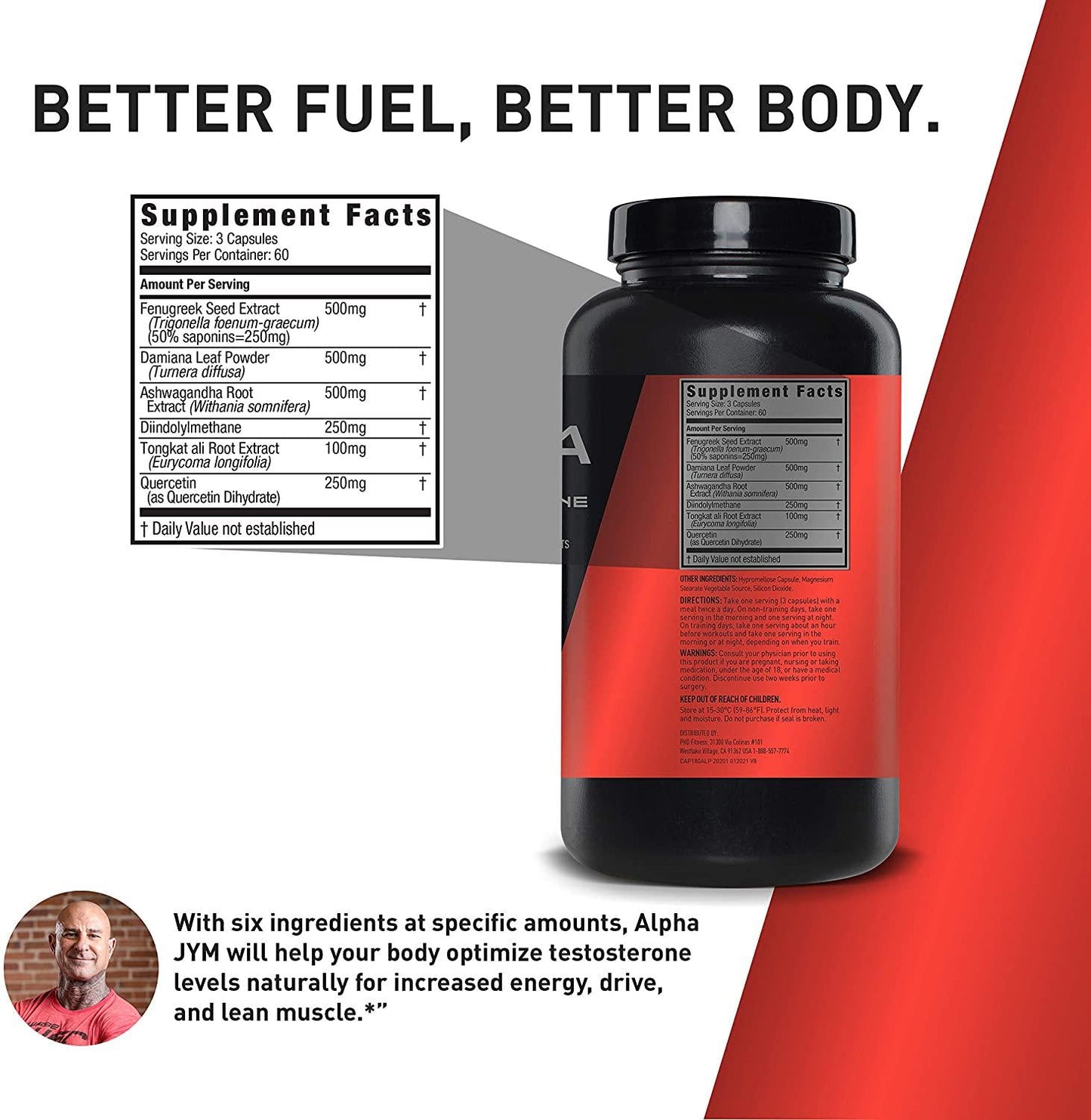 Alpha JYM Testosterone Support | Male Vitality, Hormone Optimization, Ashwagandha, Fenugreek, Eurycoma, Damiana, Quercetin, DIM | JYM Supplemental Science | 180 Vegetarian capsules