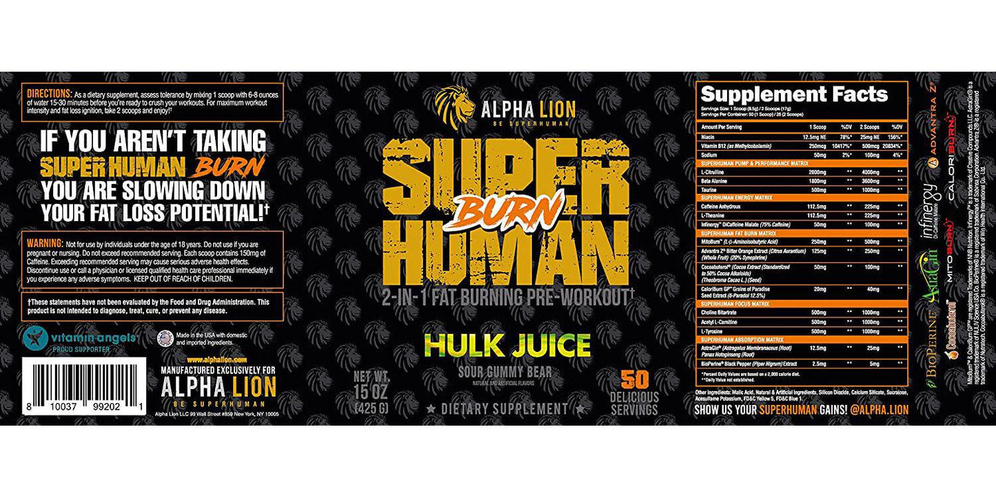 Alpha Lion Burn, 2 in 1 Fat Burning Preworkout Supplement, Appetite Suppressant and Energy Booster with Mitoburn, Acetyl L-Carnitine, Bitter Orange Extract 50 Servings (Hulk Juice)