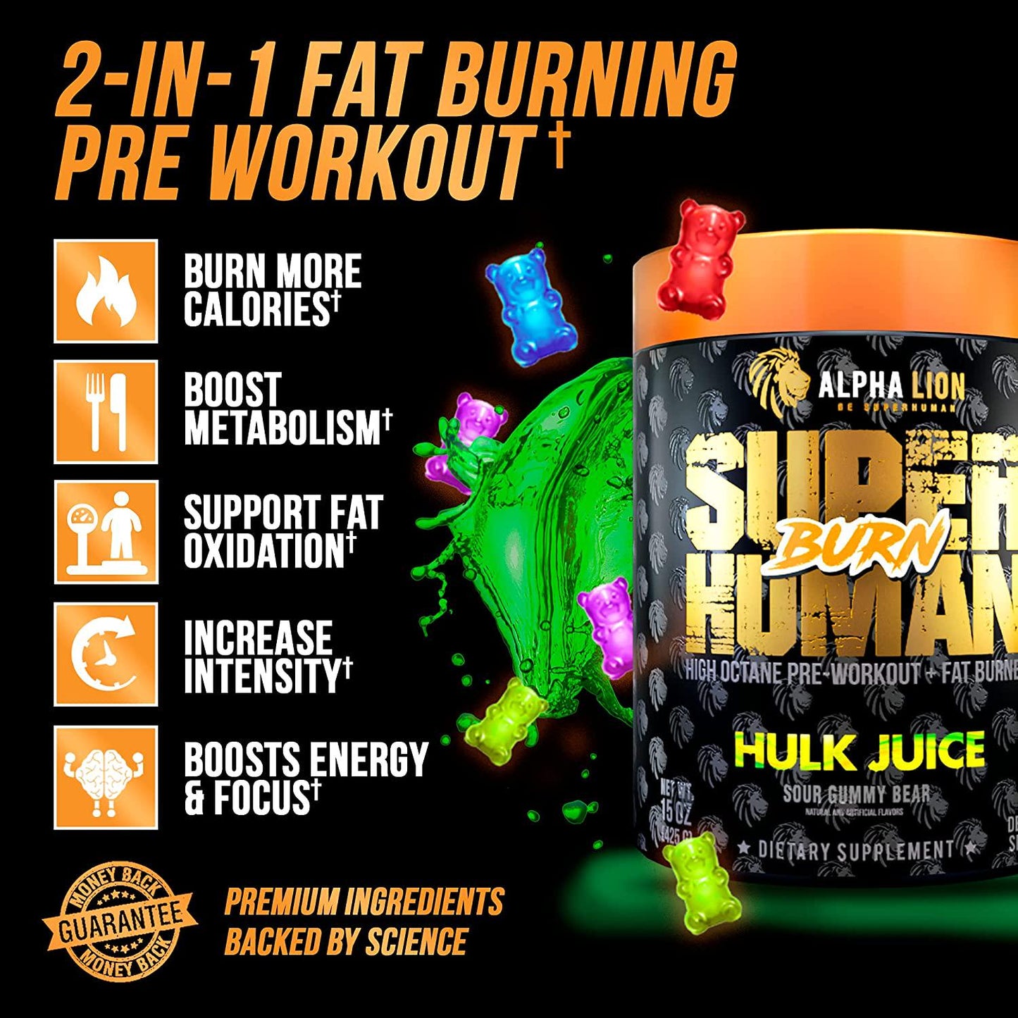 Alpha Lion Burn, 2 in 1 Fat Burning Preworkout Supplement, Appetite Suppressant and Energy Booster with Mitoburn, Acetyl L-Carnitine, Bitter Orange Extract 50 Servings (Hulk Juice)
