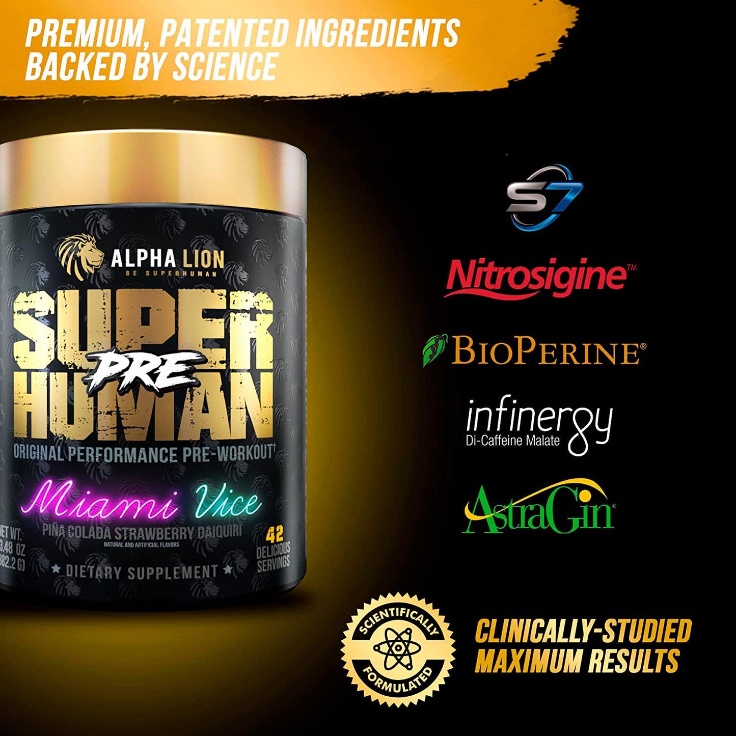 Alpha Lion Pre Workout, Increases Strength and Endurance, Powerful, Clean Energy Without Crash (42 Servings, Miami Vice)