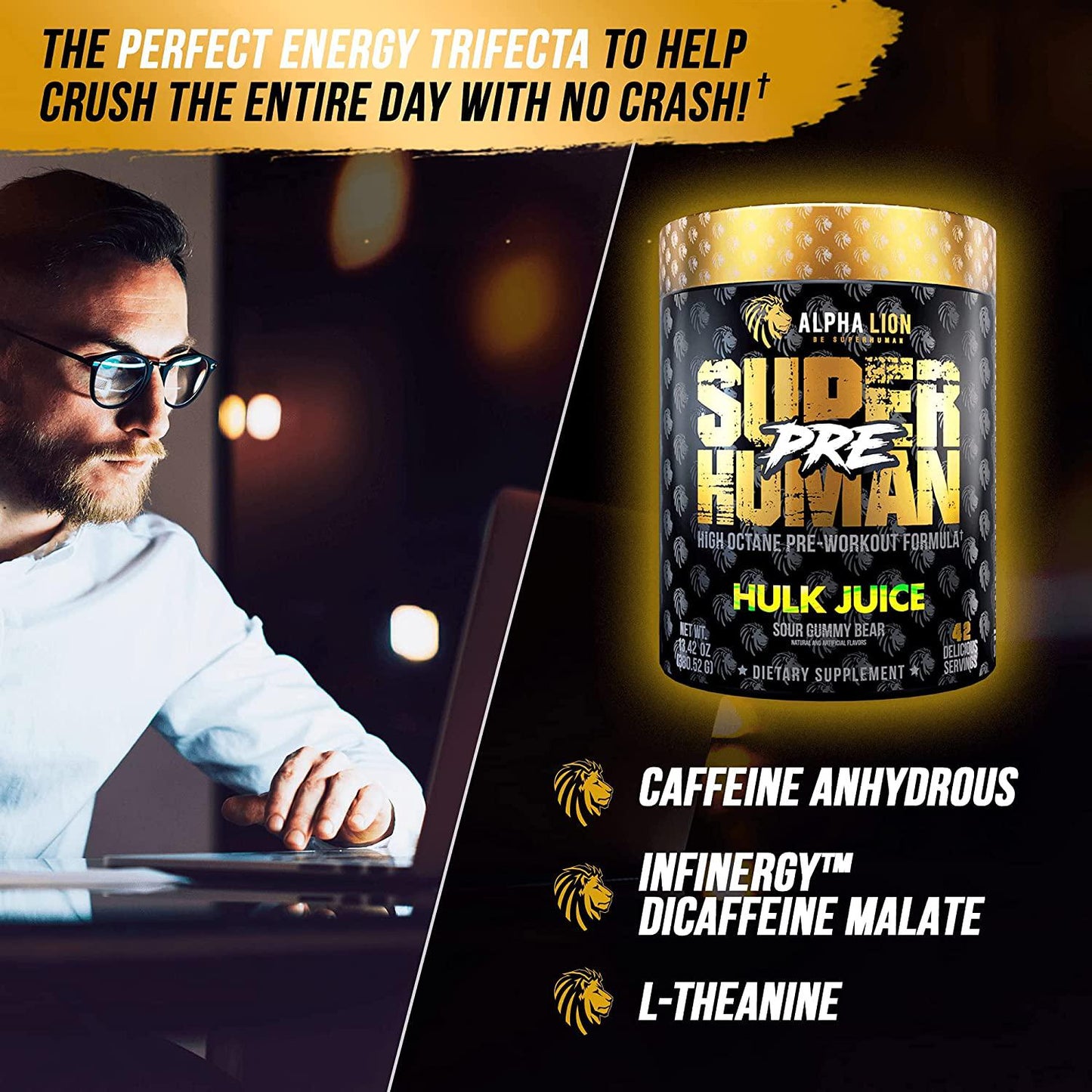 Alpha Lion Pre Workout, Sample Tubs, Increases Strength and Endurance, Powerful, Clean Energy Without Crash (14 Servings, Hulk Juice)