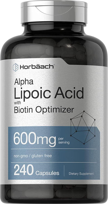 Alpha Lipoic Acid 600mg | 240 Capsules | with Biotin Optimizer | Non-GMO and Gluten Free Supplement | by Horbaach