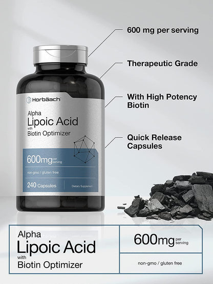 Alpha Lipoic Acid 600mg | 240 Capsules | with Biotin Optimizer | Non-GMO and Gluten Free Supplement | by Horbaach