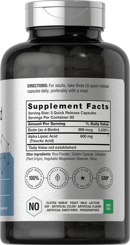 Alpha Lipoic Acid 600mg | 240 Capsules | with Biotin Optimizer | Non-GMO and Gluten Free Supplement | by Horbaach