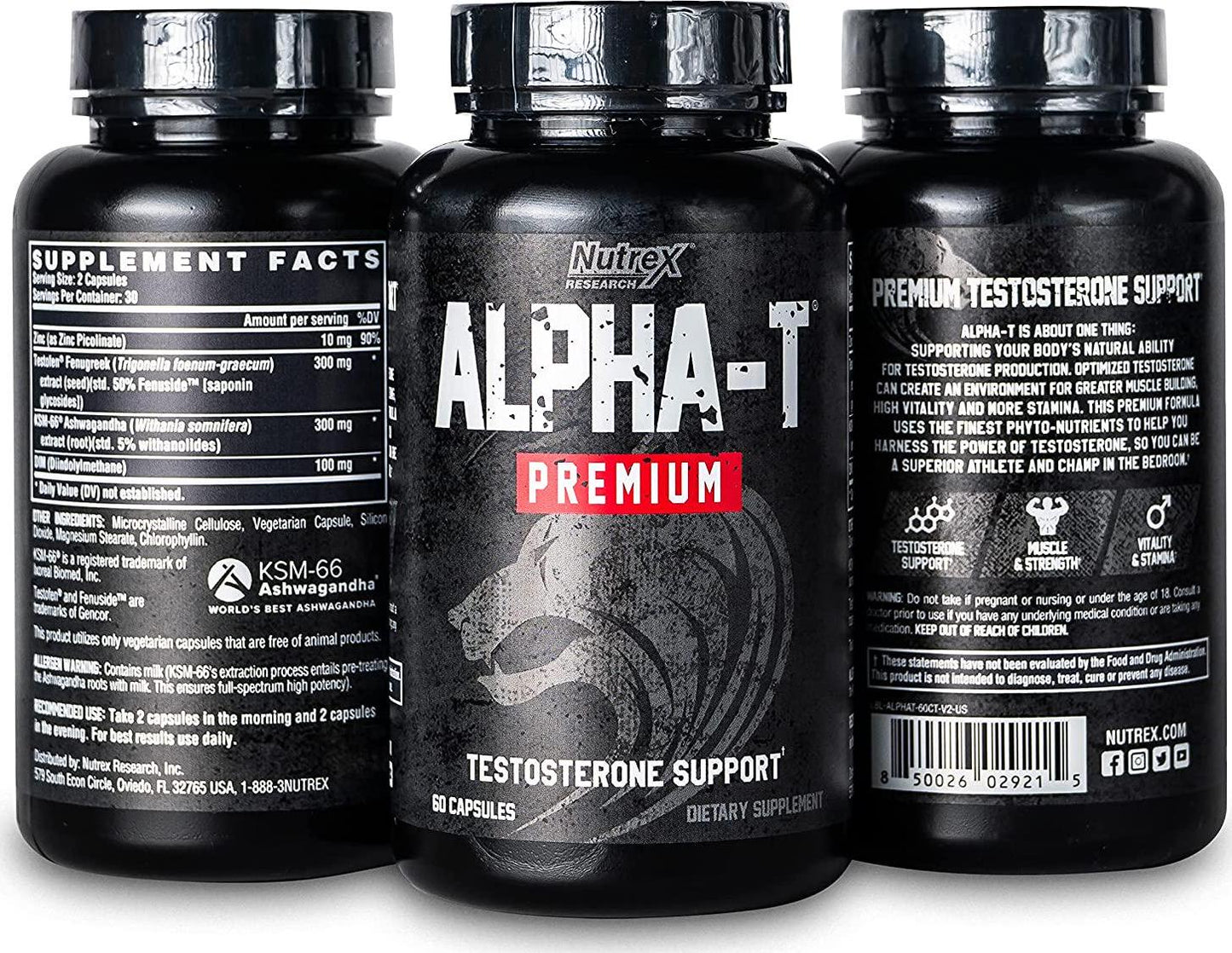 Alpha-T Premium Testosterone Booster for Men | Clinically Proven Testofen Fenugreek, KSM-66 and DIM | Muscle Growth, Strength, Male Vitality and Natural Estrogen Blocker | Nutrex Research 60 Capsules