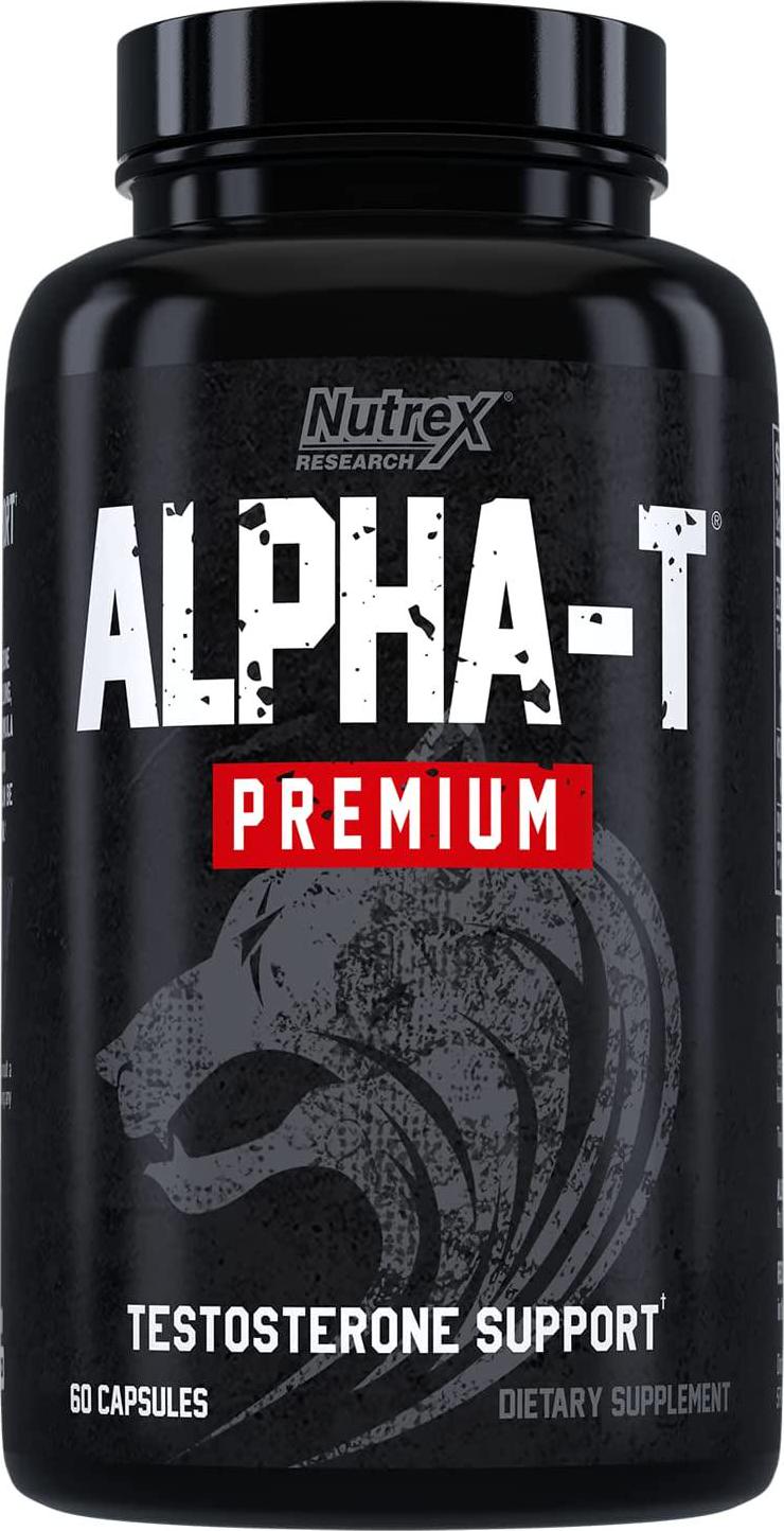 Alpha-T Premium Testosterone Booster for Men | Clinically Proven Testofen Fenugreek, KSM-66 and DIM | Muscle Growth, Strength, Male Vitality and Natural Estrogen Blocker | Nutrex Research 60 Capsules