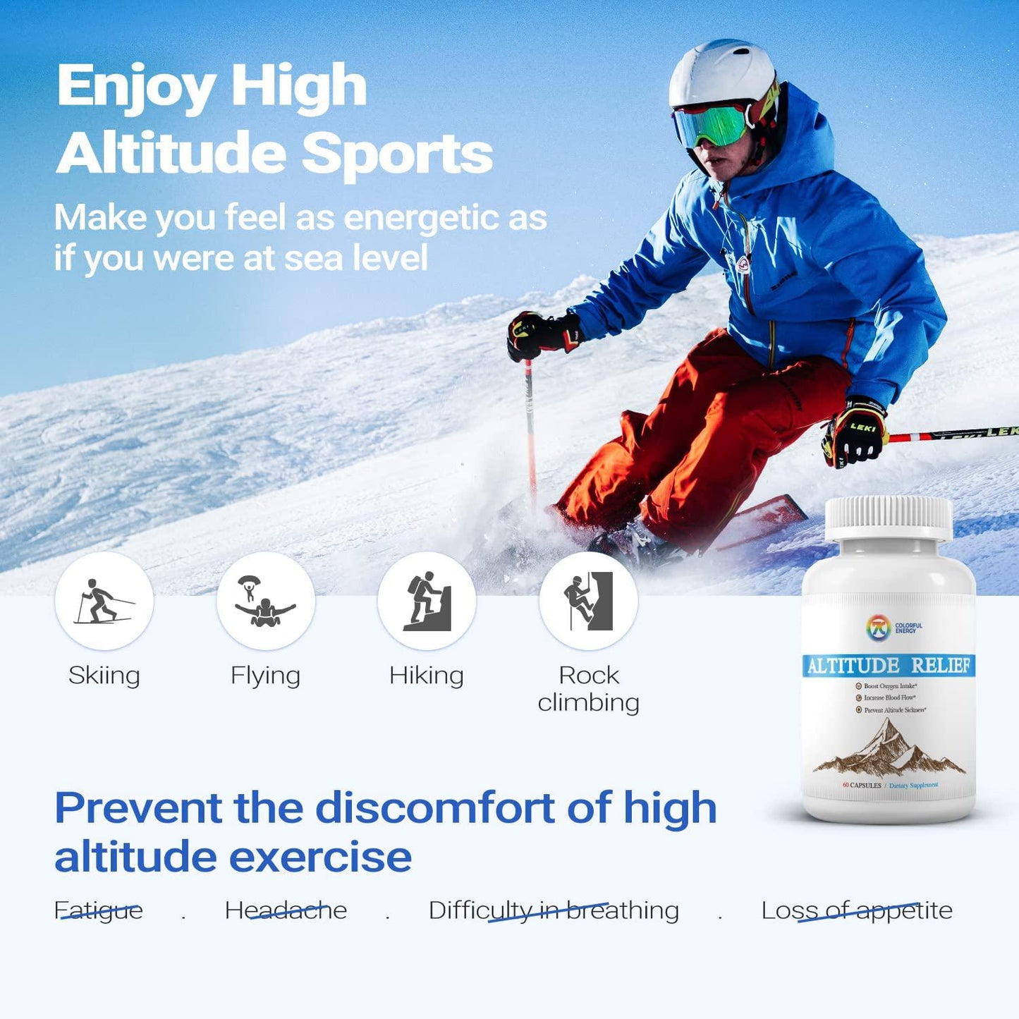 Altitude Sickness Prevention-High Altitude Relief-Ginkgo Biloba, Rhodiola Rosea, Vitamin C,E, Alpha Lipoic Acid, Allergen-Free, No-GMO (60 Capsules)