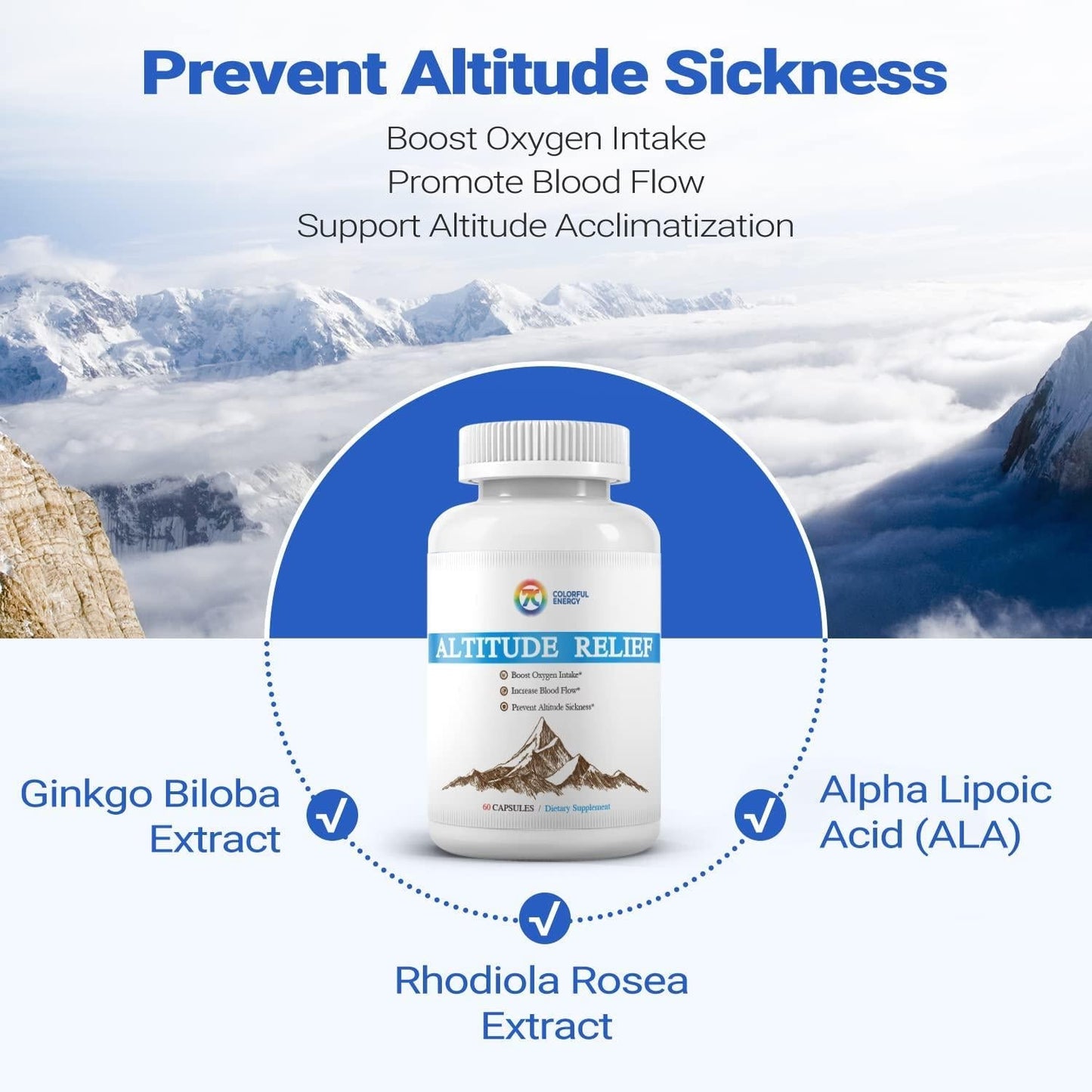 Altitude Sickness Prevention-High Altitude Relief-Ginkgo Biloba, Rhodiola Rosea, Vitamin C,E, Alpha Lipoic Acid, Allergen-Free, No-GMO (60 Capsules)