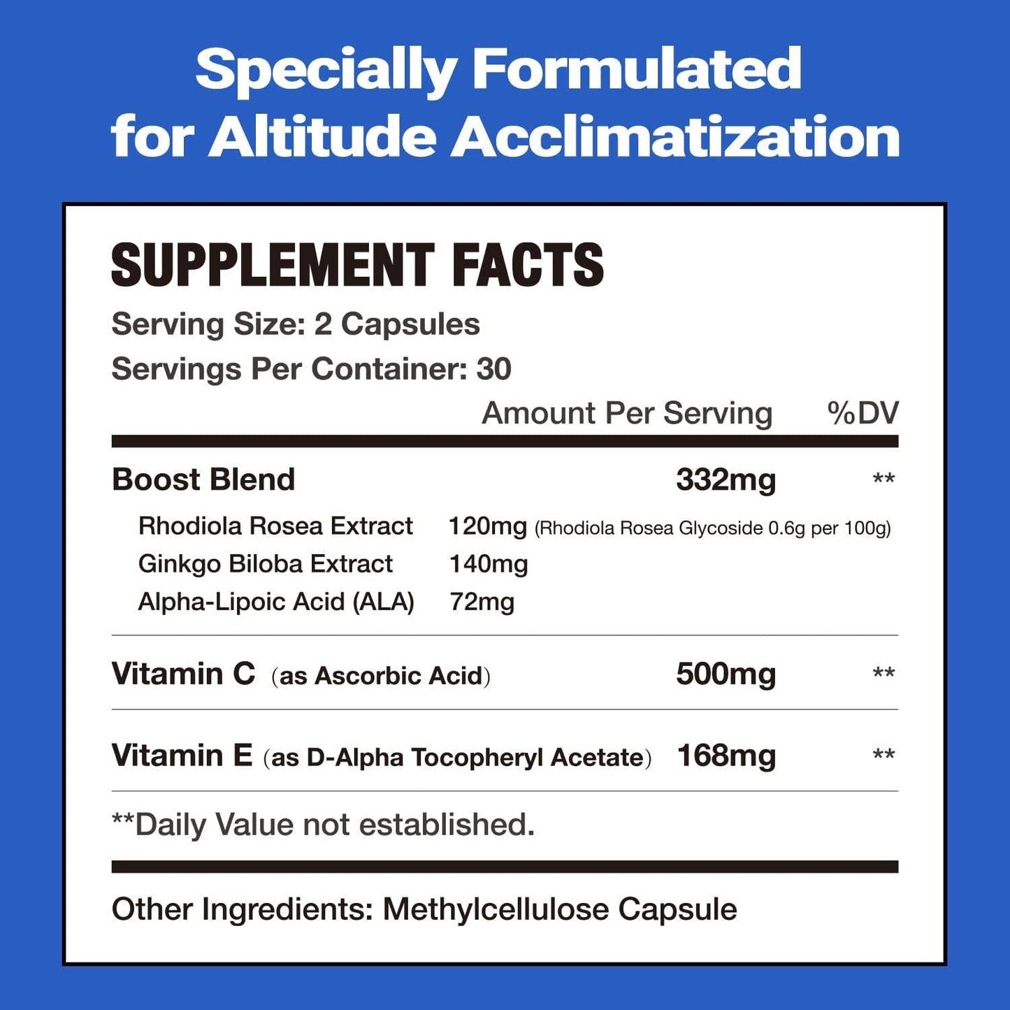 Altitude Sickness Prevention-High Altitude Relief-Ginkgo Biloba, Rhodiola Rosea, Vitamin C,E, Alpha Lipoic Acid, Allergen-Free, No-GMO (60 Capsules)