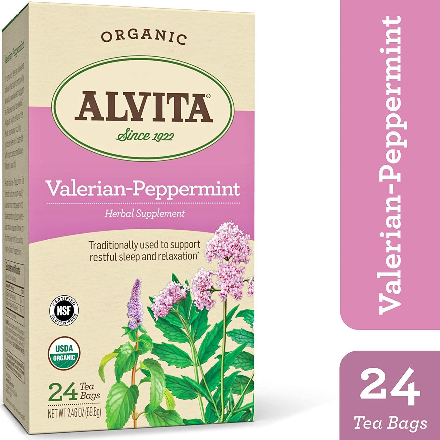 Alvita Organic Valerian-Peppermint Herbal Tea - Made with Premium Quality Organic Valerian Root And Peppermint Leaves, And Penetrating Aroma and Bitter Sweet Flavor, 24 Tea Bags