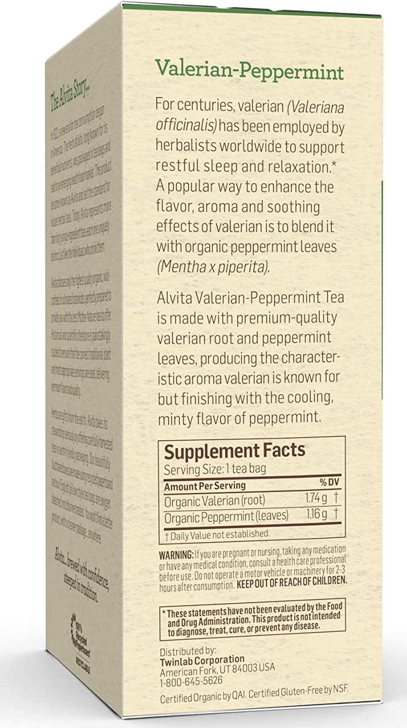 Alvita Organic Valerian-Peppermint Herbal Tea - Made with Premium Quality Organic Valerian Root And Peppermint Leaves, And Penetrating Aroma and Bitter Sweet Flavor, 24 Tea Bags
