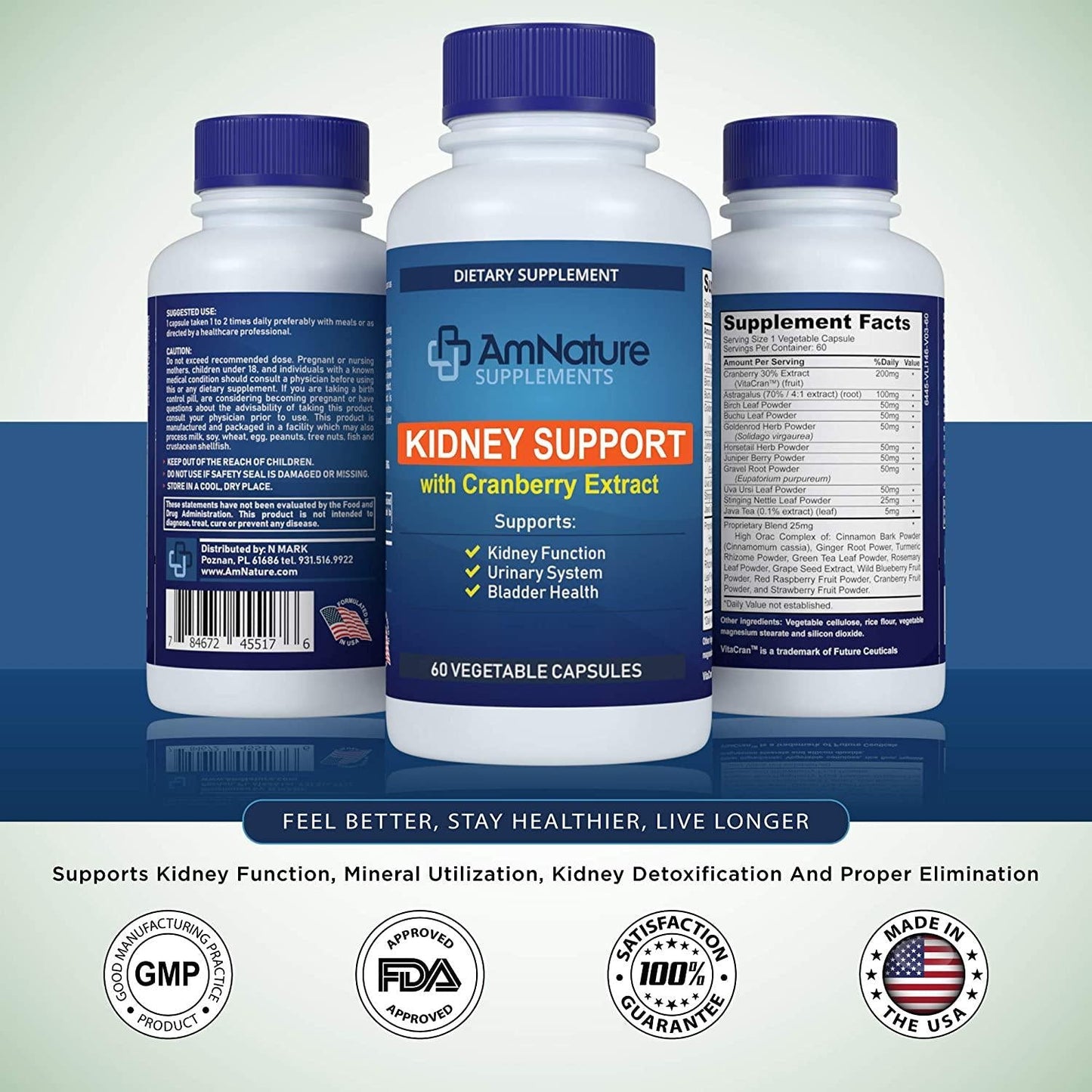 AmNature Kidney Support with Bladder Health and Urinary Tract System, Cranberry Extract Blend 20 Herbs and Nutrients Formula Supports Healthy Kidney, Pack of 60 Vegetable Capsules