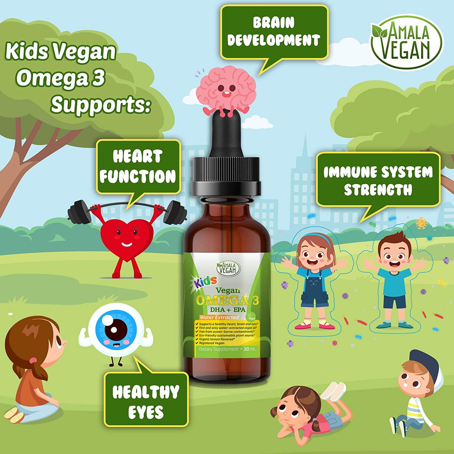 Amala Vegan - Omega 3 for Kids - Organic, Vegan, Liquid Supplement - Kids Fish Oil with DHA, EPA, DPA Fatty Acids - Plant Based Algae Oil - Immune, Heart, Brain Health for Children- 30 Doses