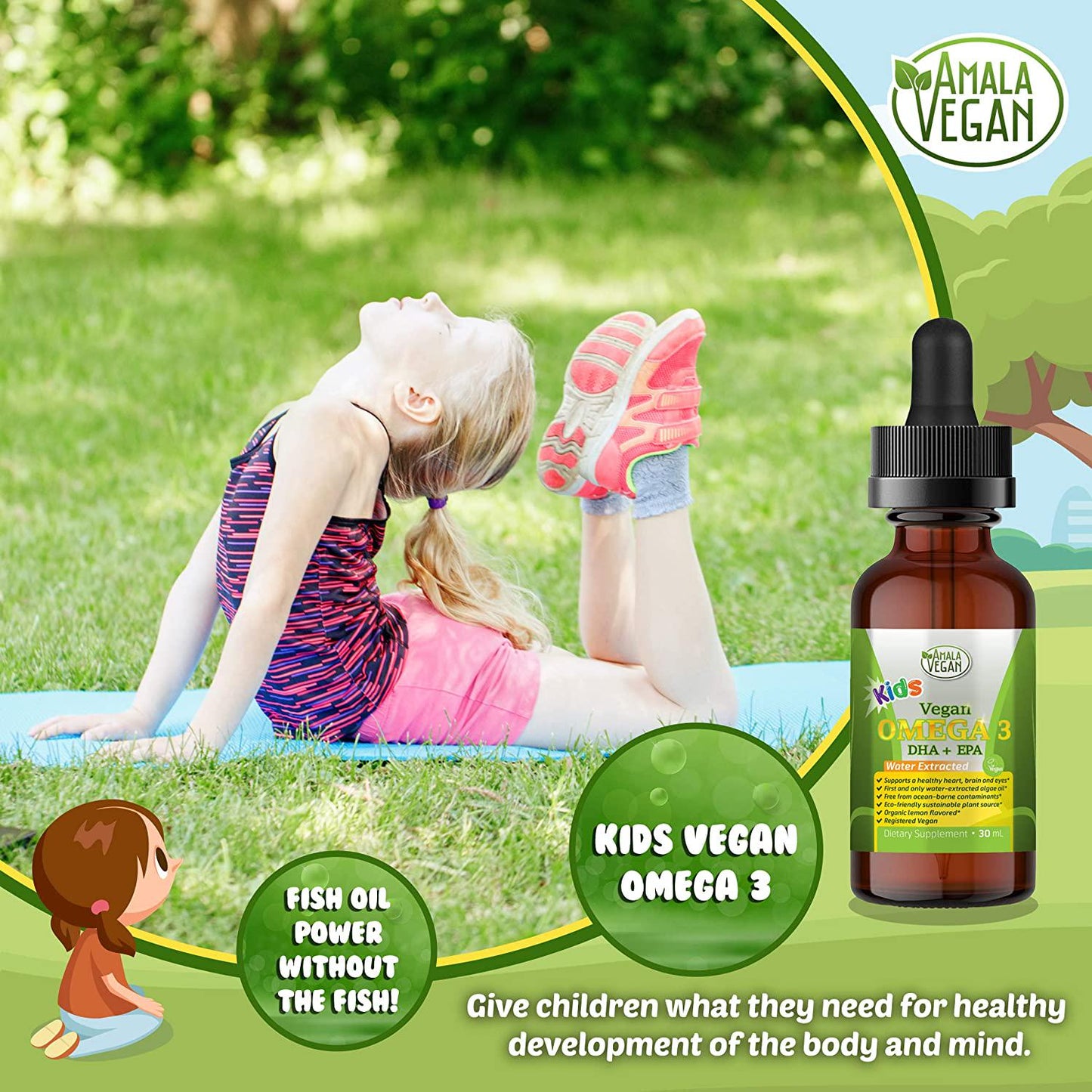 Amala Vegan - Omega 3 for Kids - Organic, Vegan, Liquid Supplement - Kids Fish Oil with DHA, EPA, DPA Fatty Acids - Plant Based Algae Oil - Immune, Heart, Brain Health for Children- 30 Doses