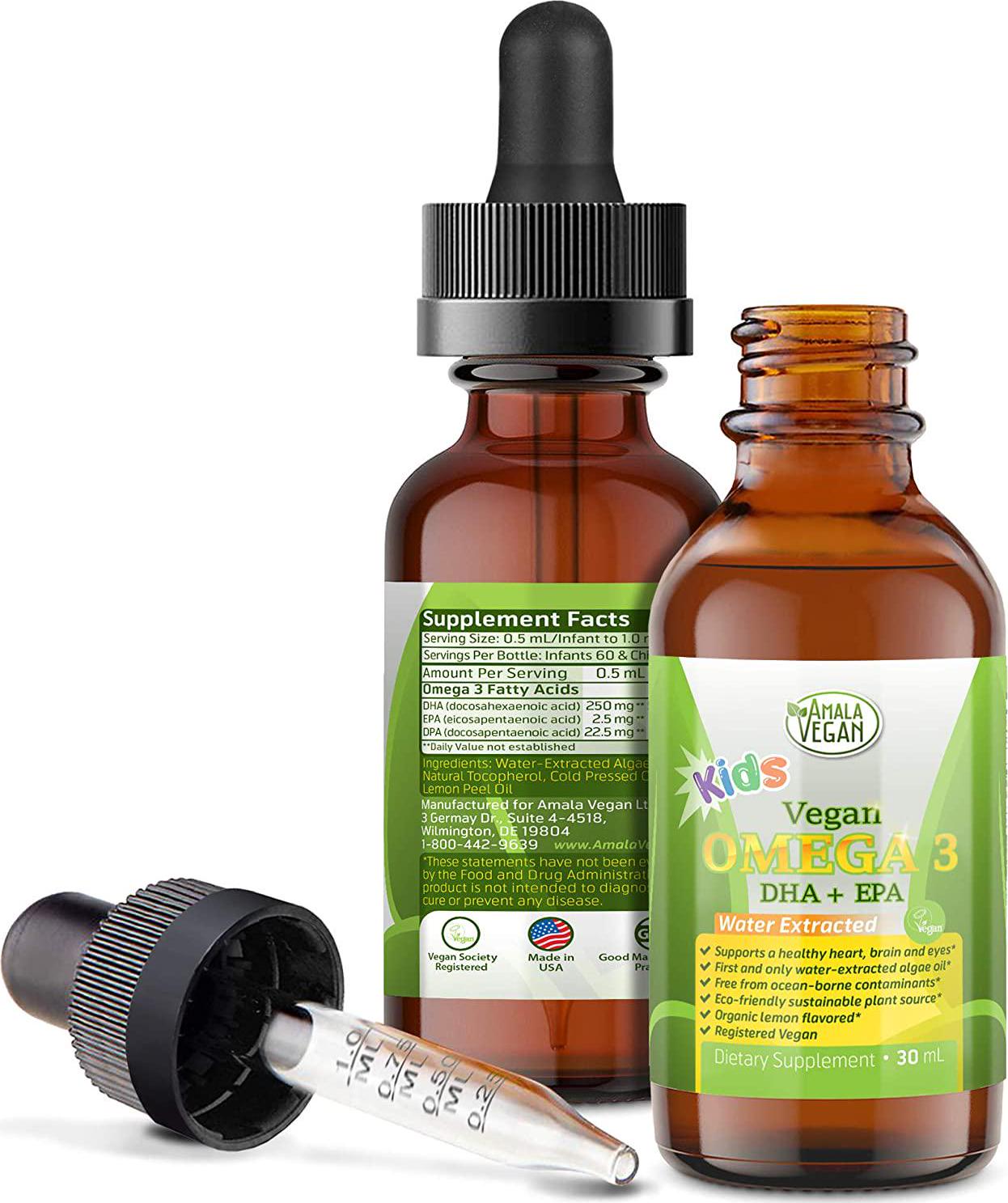 Amala Vegan - Omega 3 for Kids - Organic, Vegan, Liquid Supplement - Kids Fish Oil with DHA, EPA, DPA Fatty Acids - Plant Based Algae Oil - Immune, Heart, Brain Health for Children- 30 Doses