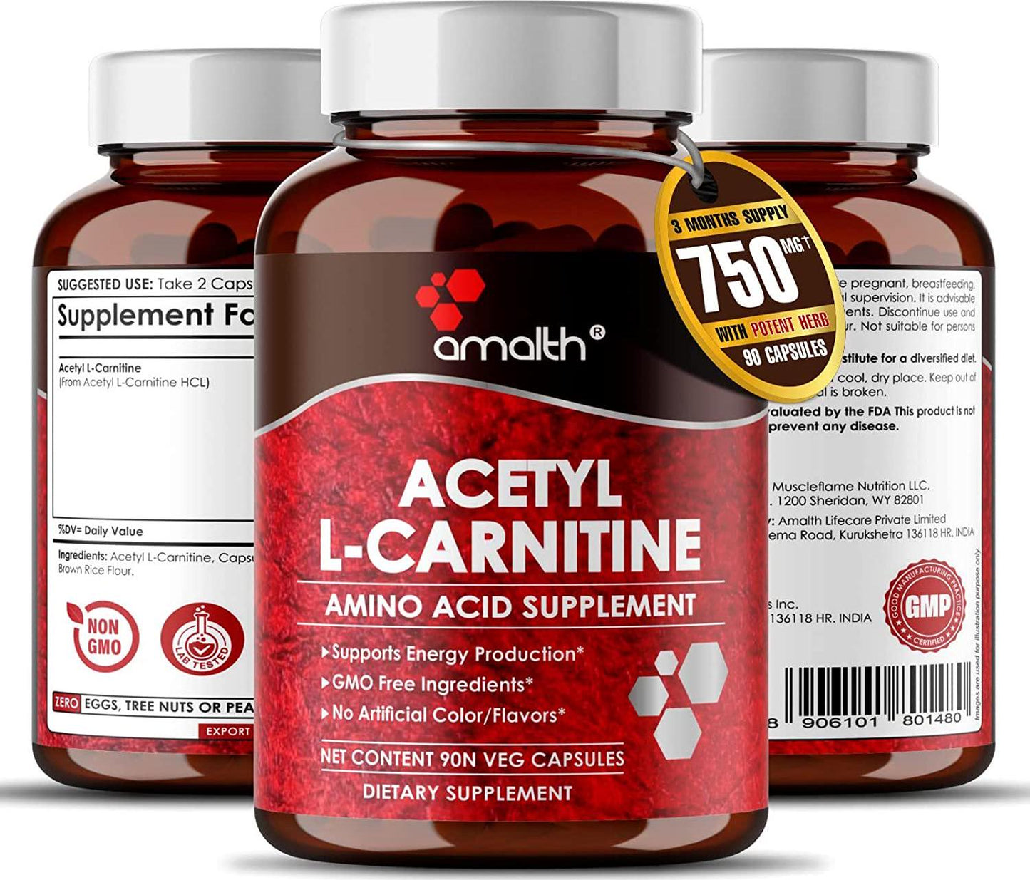 Amalth Acetyl L-Carnitine Capsules 750mg - Energizing Brain Support - Non-GMO, Vegetarian Acetyl L-Carnitine Supplement (90 Capsules)