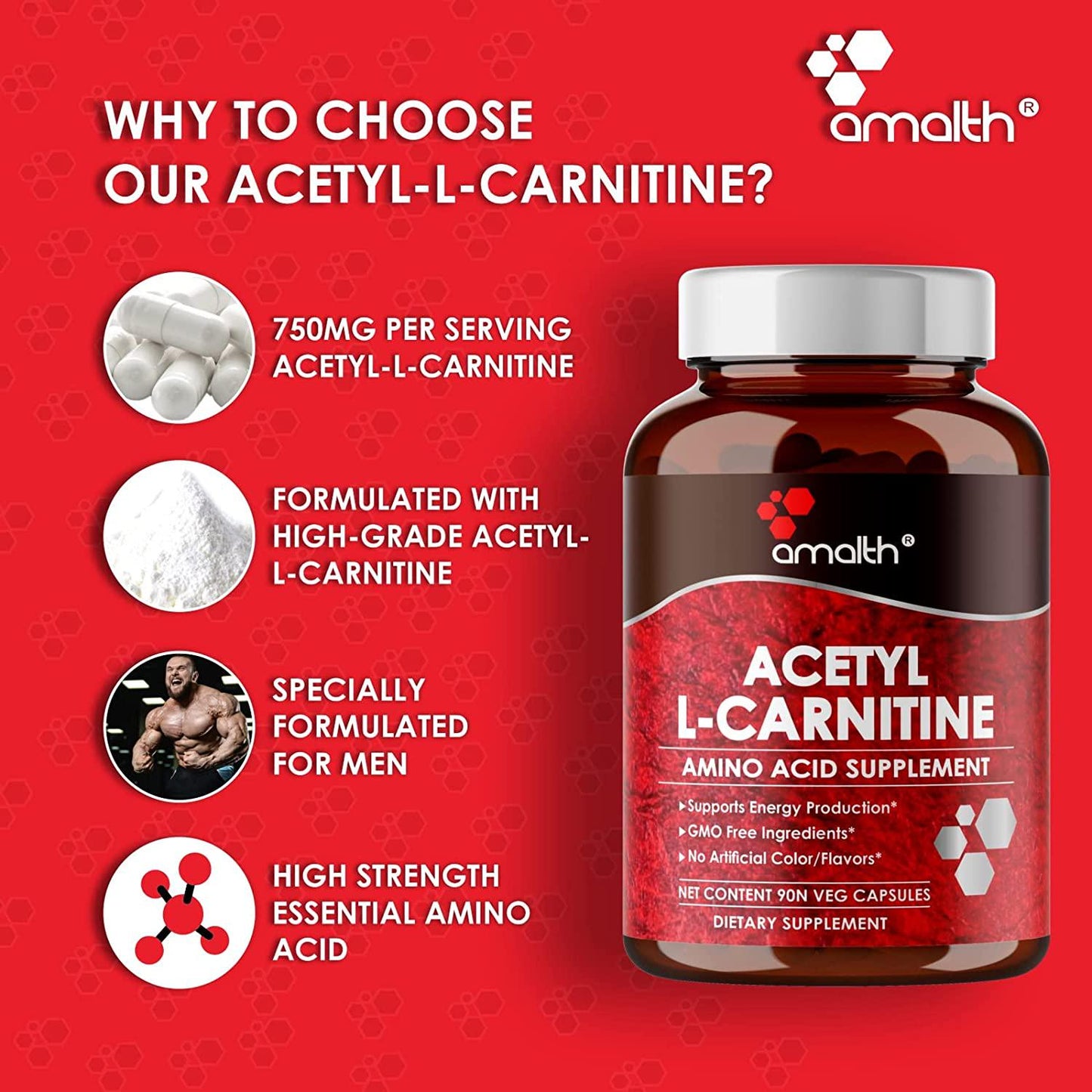 Amalth Acetyl L-Carnitine Capsules 750mg - Energizing Brain Support - Non-GMO, Vegetarian Acetyl L-Carnitine Supplement (90 Capsules)