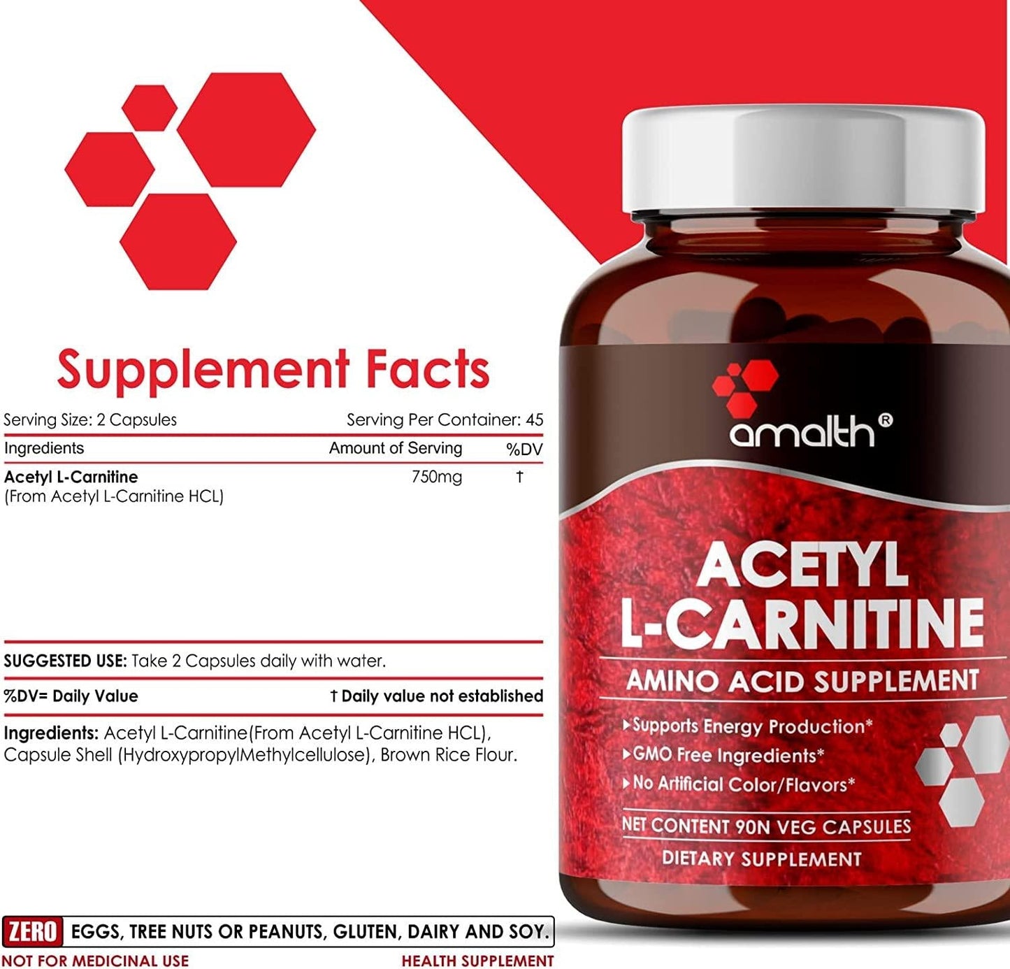 Amalth Acetyl L-Carnitine Capsules 750mg - Energizing Brain Support - Non-GMO, Vegetarian Acetyl L-Carnitine Supplement (90 Capsules)