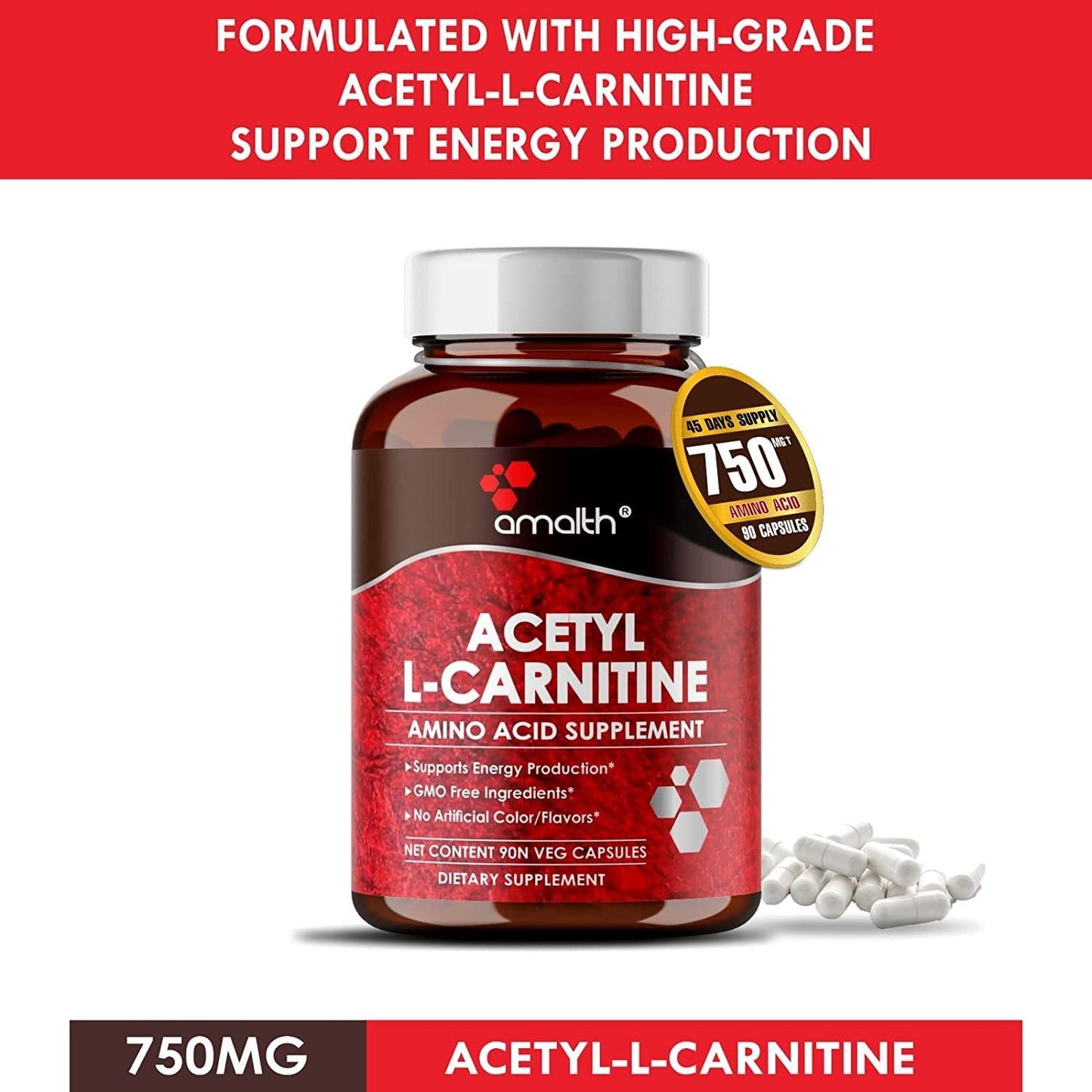 Amalth Acetyl L-Carnitine Capsules 750mg - Energizing Brain Support - Non-GMO, Vegetarian Acetyl L-Carnitine Supplement (90 Capsules)