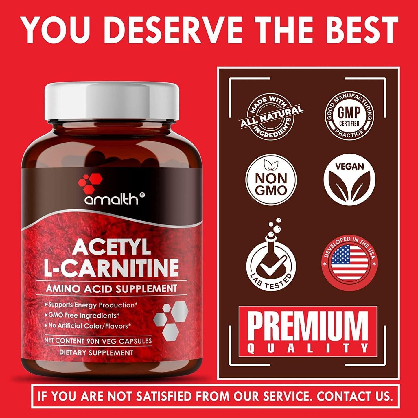 Amalth Acetyl L-Carnitine Capsules 750mg - Energizing Brain Support - Non-GMO, Vegetarian Acetyl L-Carnitine Supplement (90 Capsules)