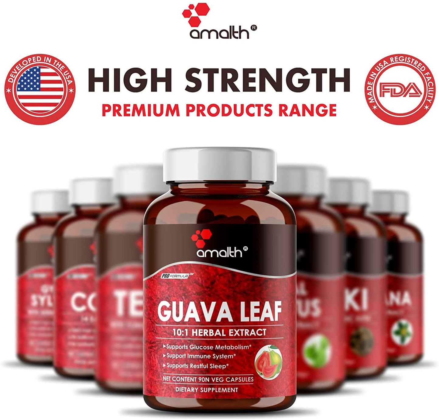 Amalth Guava Leaf Extract Equivalent to 10000mg Enhanced Maximum Absorption with Piperine Support Anxiety Relief, Glucose Metabolism, Sleep Aid, Blood Sugar for Hair Regrowth 90 Capsules