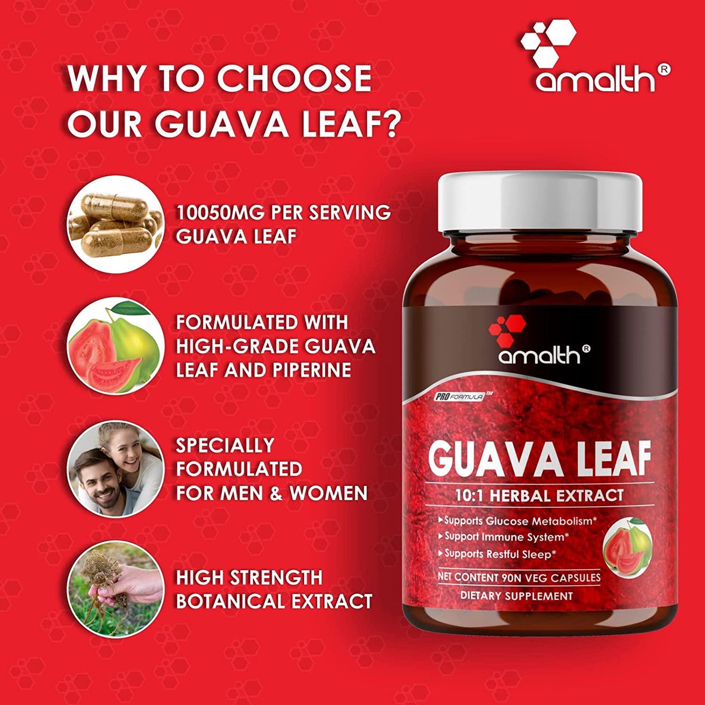 Amalth Guava Leaf Extract Equivalent to 10000mg Enhanced Maximum Absorption with Piperine Support Anxiety Relief, Glucose Metabolism, Sleep Aid, Blood Sugar for Hair Regrowth 90 Capsules