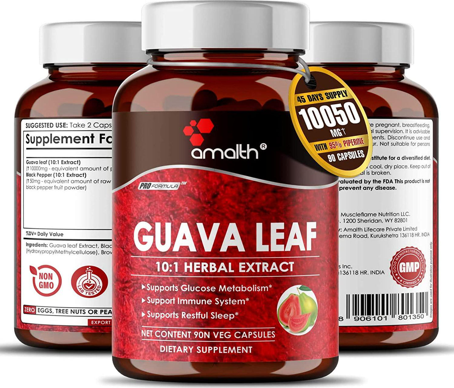 Amalth Guava Leaf Extract Equivalent to 10000mg Enhanced Maximum Absorption with Piperine Support Anxiety Relief, Glucose Metabolism, Sleep Aid, Blood Sugar for Hair Regrowth 90 Capsules