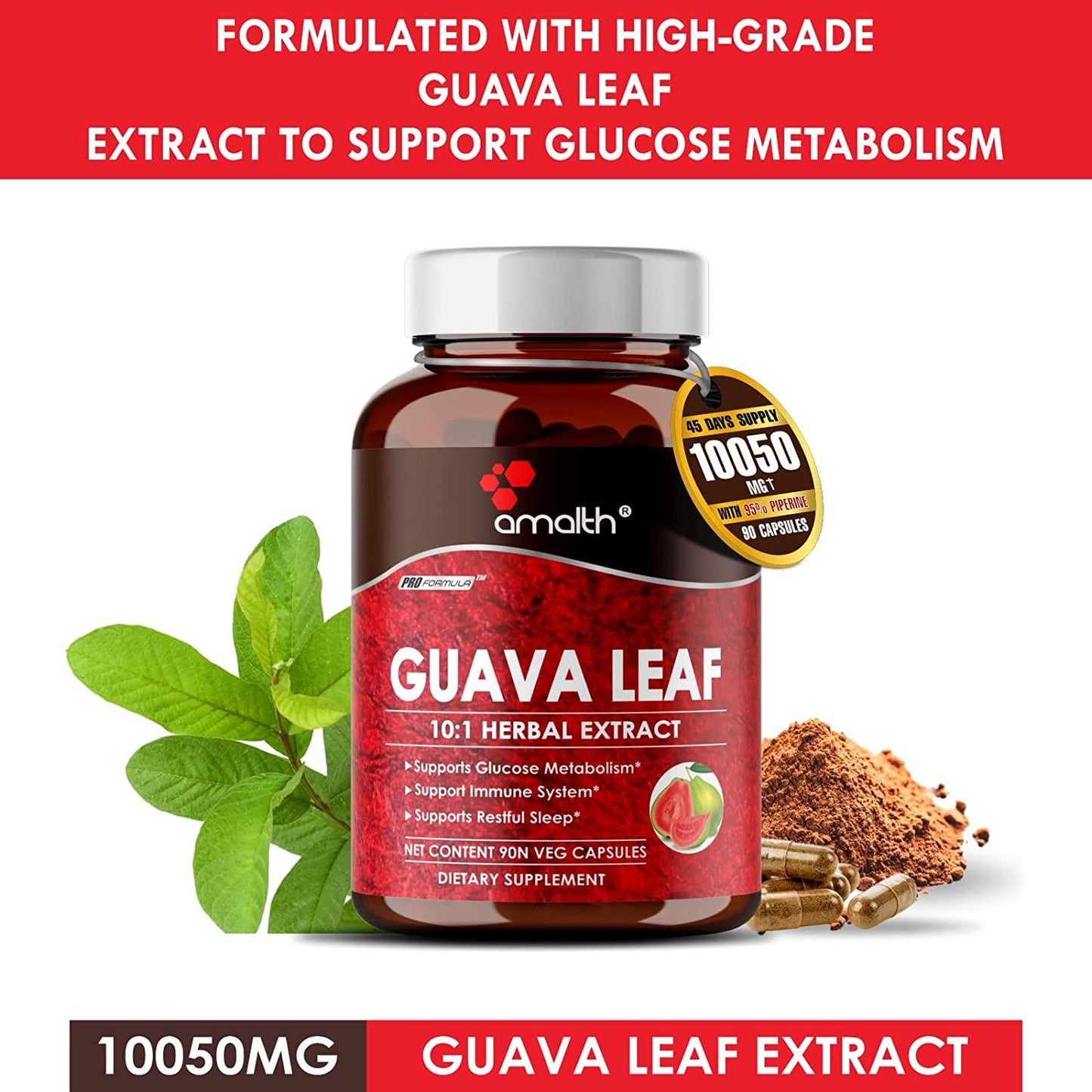 Amalth Guava Leaf Extract Equivalent to 10000mg Enhanced Maximum Absorption with Piperine Support Anxiety Relief, Glucose Metabolism, Sleep Aid, Blood Sugar for Hair Regrowth 90 Capsules