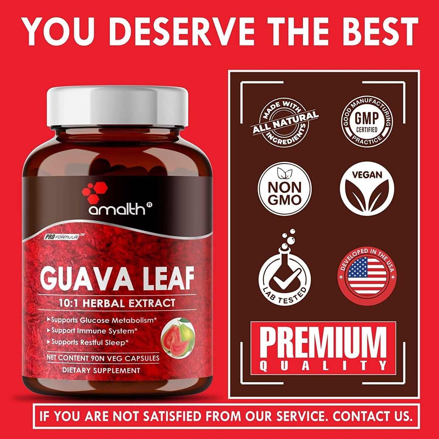 Amalth Guava Leaf Extract Equivalent to 10000mg Enhanced Maximum Absorption with Piperine Support Anxiety Relief, Glucose Metabolism, Sleep Aid, Blood Sugar for Hair Regrowth 90 Capsules