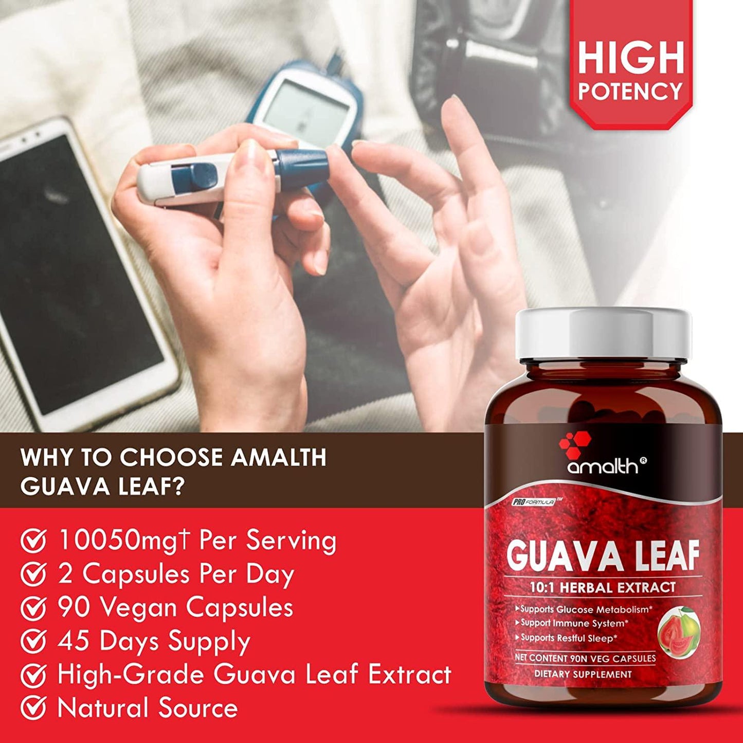 Amalth Guava Leaf Extract Equivalent to 10000mg Enhanced Maximum Absorption with Piperine Support Anxiety Relief, Glucose Metabolism, Sleep Aid, Blood Sugar for Hair Regrowth 90 Capsules