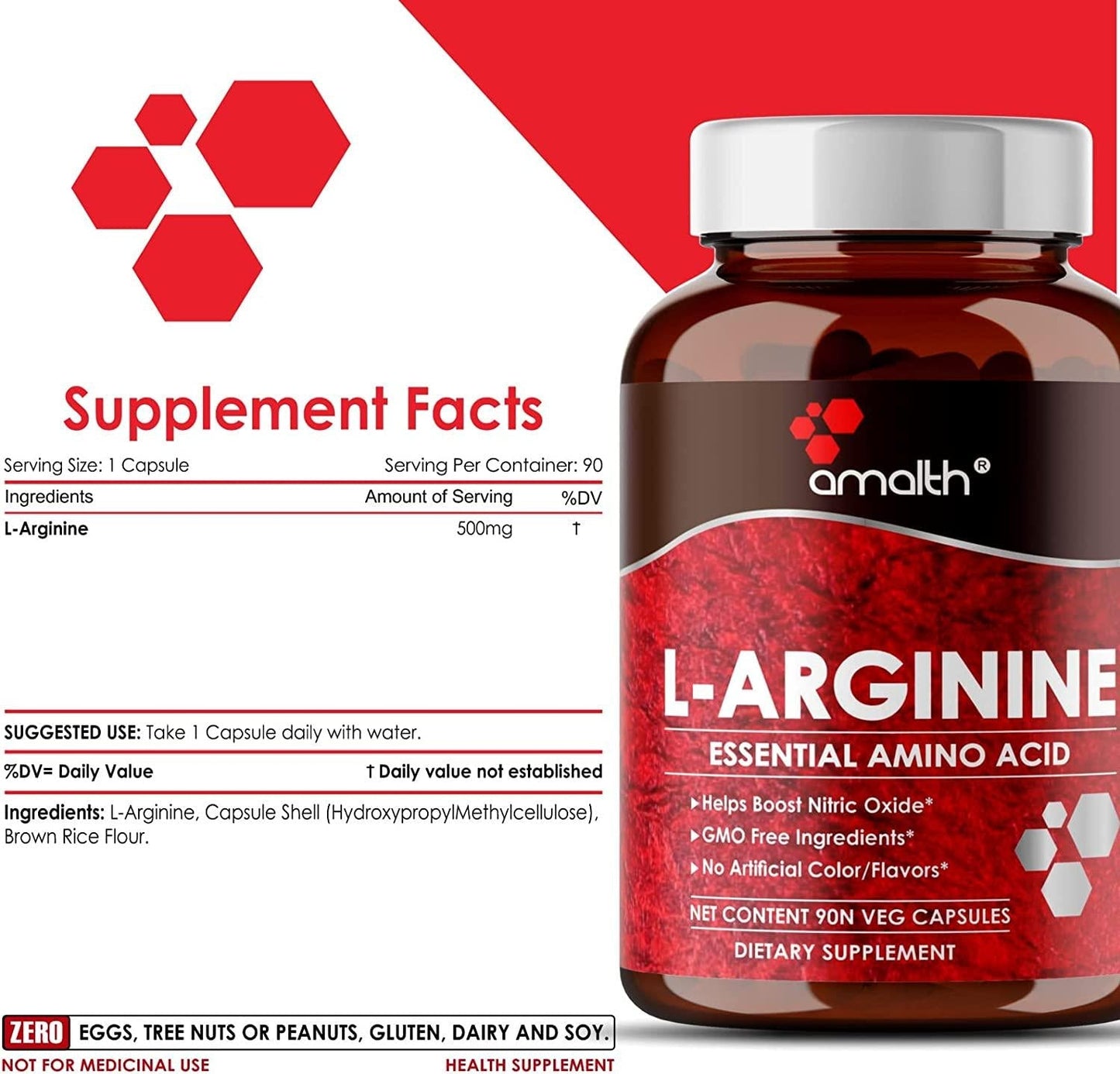 Amalth L Arginine Male Enhancing Supplement from Nitric Oxide 500mg Extra Strength, 90 Veg Capsules