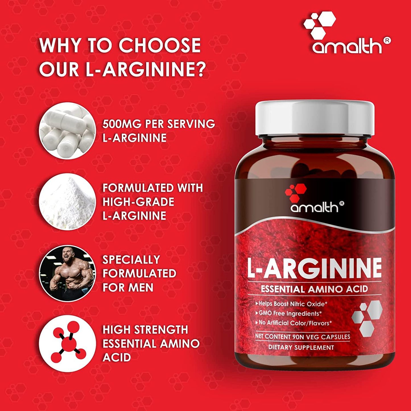 Amalth L Arginine Male Enhancing Supplement from Nitric Oxide 500mg Extra Strength, 90 Veg Capsules