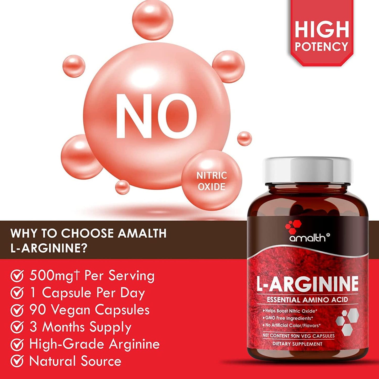 Amalth L Arginine Male Enhancing Supplement from Nitric Oxide 500mg Extra Strength, 90 Veg Capsules