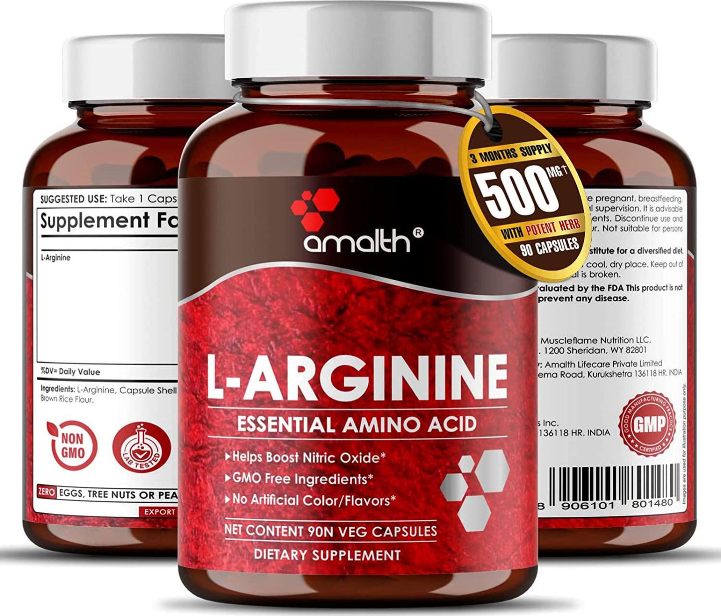 Amalth L Arginine Male Enhancing Supplement from Nitric Oxide 500mg Extra Strength, 90 Veg Capsules