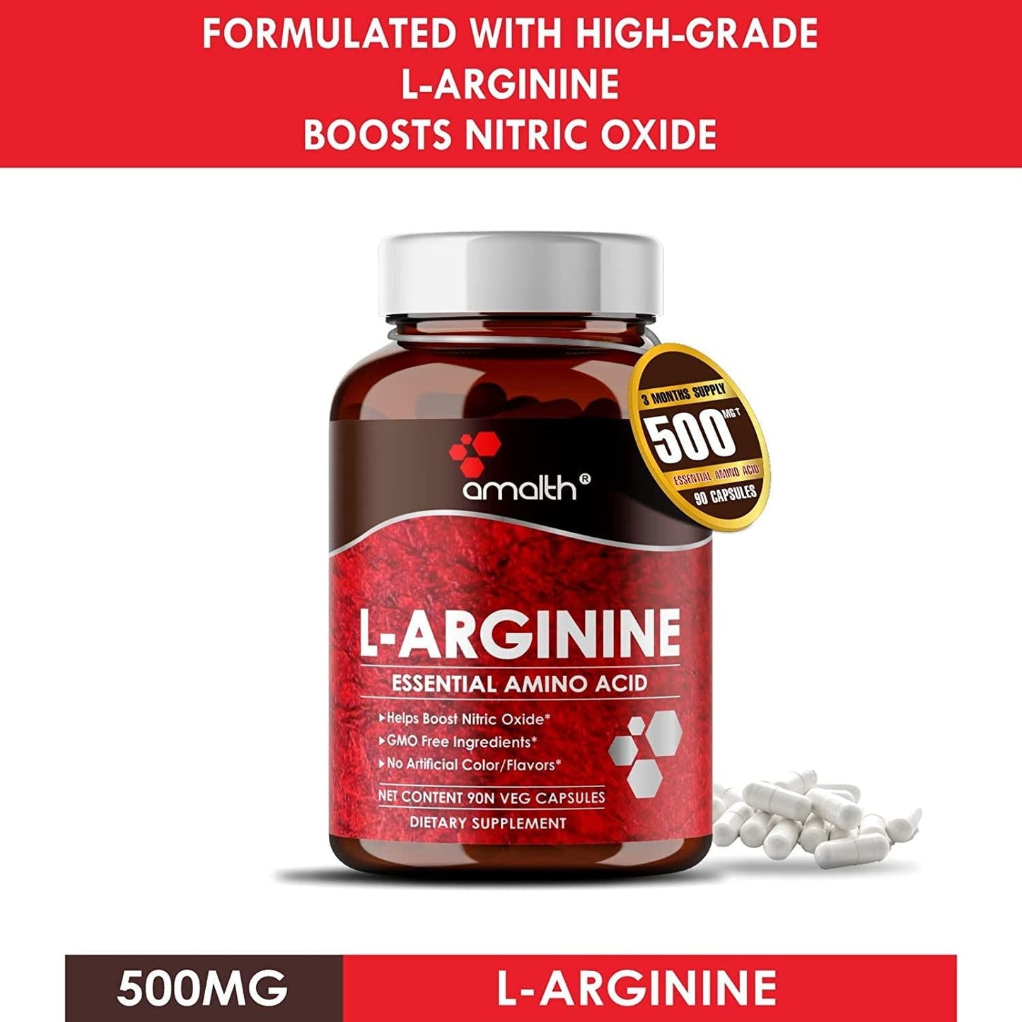 Amalth L Arginine Male Enhancing Supplement from Nitric Oxide 500mg Extra Strength, 90 Veg Capsules
