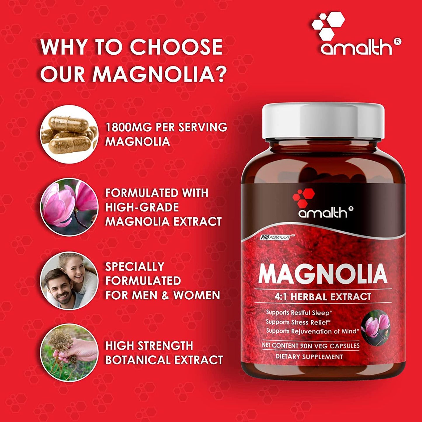 Amalth Magnolia Bark Extract Dietary Supplements for Restful Sleep 500mg - 90 Capsules