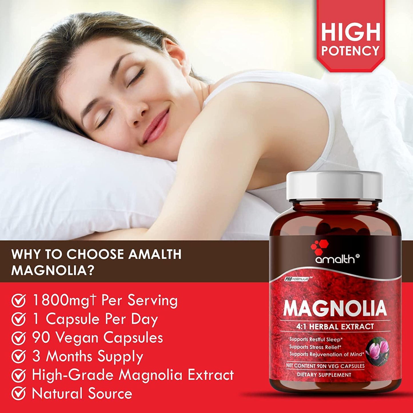 Amalth Magnolia Bark Extract Dietary Supplements for Restful Sleep 500mg - 90 Capsules