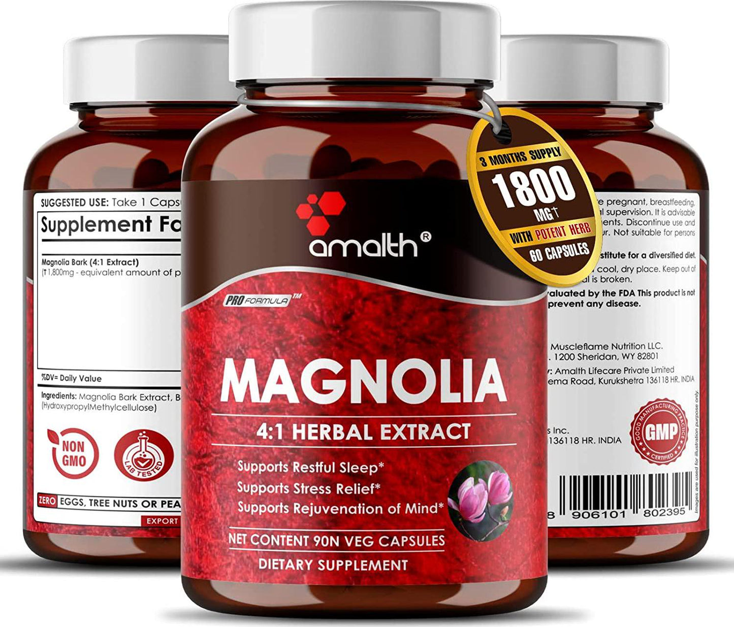 Amalth Magnolia Bark Extract Dietary Supplements for Restful Sleep 500mg - 90 Capsules