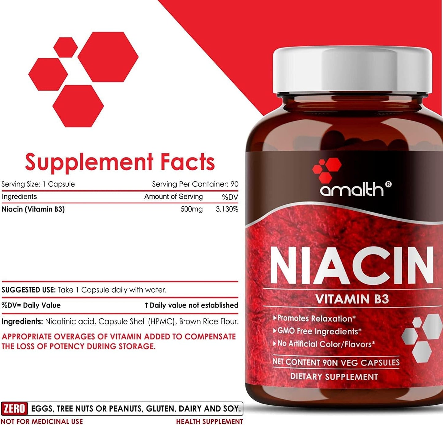 Amalth Niacin Vitamin B3 500mg , Cellular Energy Support, Supports Nervous System Health and Restful Sleep, 90 Capsules